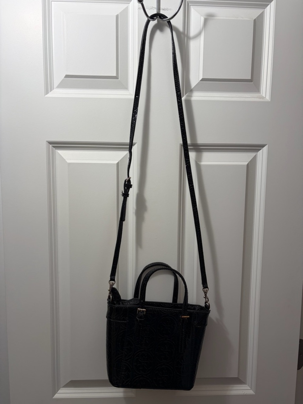 GUESS Black Embossed Patent Leather Satchel with Gold Accents - Picture 7 of 9